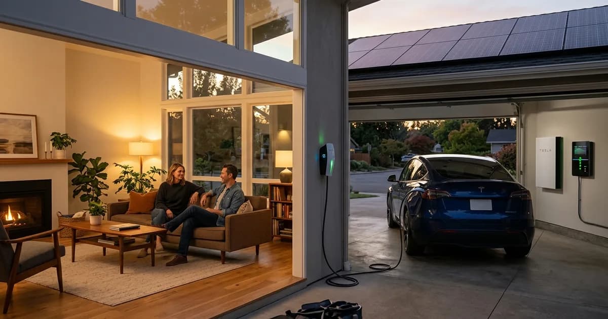 EV Charging with Solar Panels: A Guide Energy-efficient home interior with warm lighting — illustration for: EV Charging with Solar Panels: A Guide