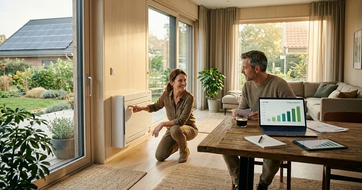Heat Pumps and Solar: The Ultimate Home Energy Combo Energy-efficient home interior with warm lighting — illustration for: Heat Pumps and Solar: The Ultimate Home Energy Combo