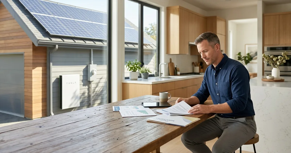 Homeowner reviewing solar costs at home with rooftop panels visible outside — illustration for: How Much Does a Tesla Powerwall Cost in 2026? Full Pricing Breakdown