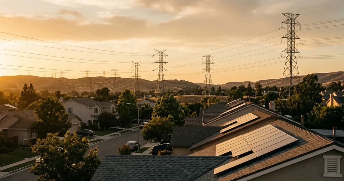 How to Read Your Electric Bill for Solar Power lines above a residential neighborhood at golden hour — illustration for: How to Read Your Electric Bill for Solar