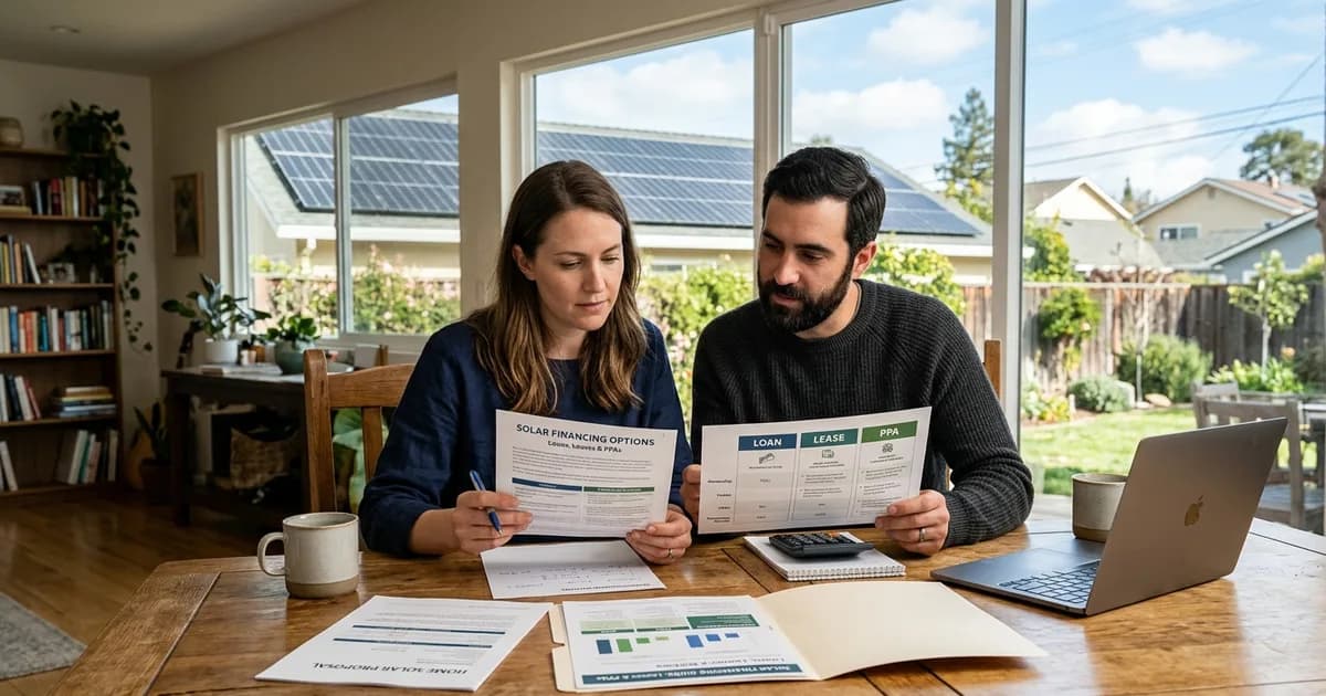 Solar Financing: Loans, Leases & PPAs Homeowner reviewing solar costs at home with rooftop panels visible outside — illustration for: Solar Financing: Loans, Leases & PPAs