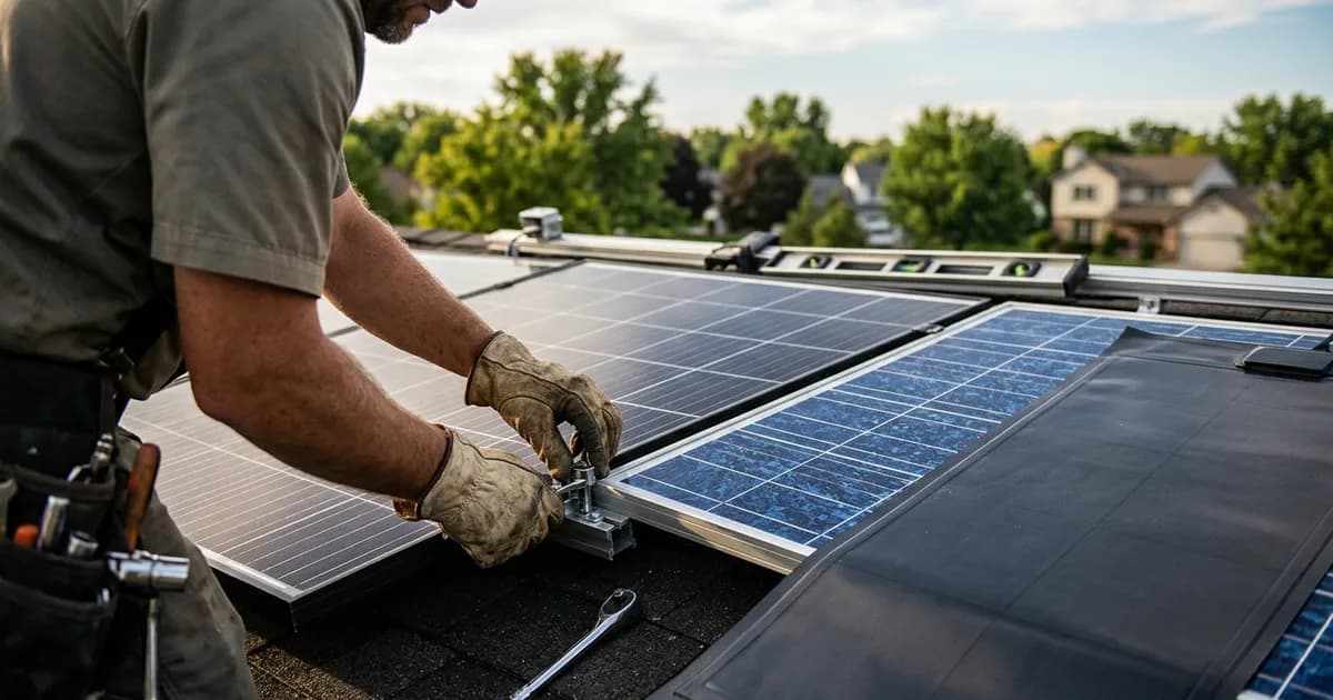 Solar Panel Types: Mono vs Poly vs Thin-Film Technician installing solar equipment close up — illustration for: Solar Panel Types: Mono vs Poly vs Thin-Film