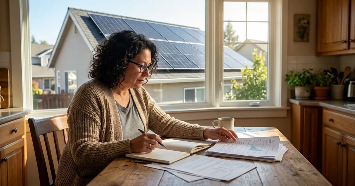 Solar Panels and Home Value: What the Research Shows Homeowner reviewing solar costs at home with rooftop panels visible outside — illustration for: Solar Panels and Home Value: What the Research Shows