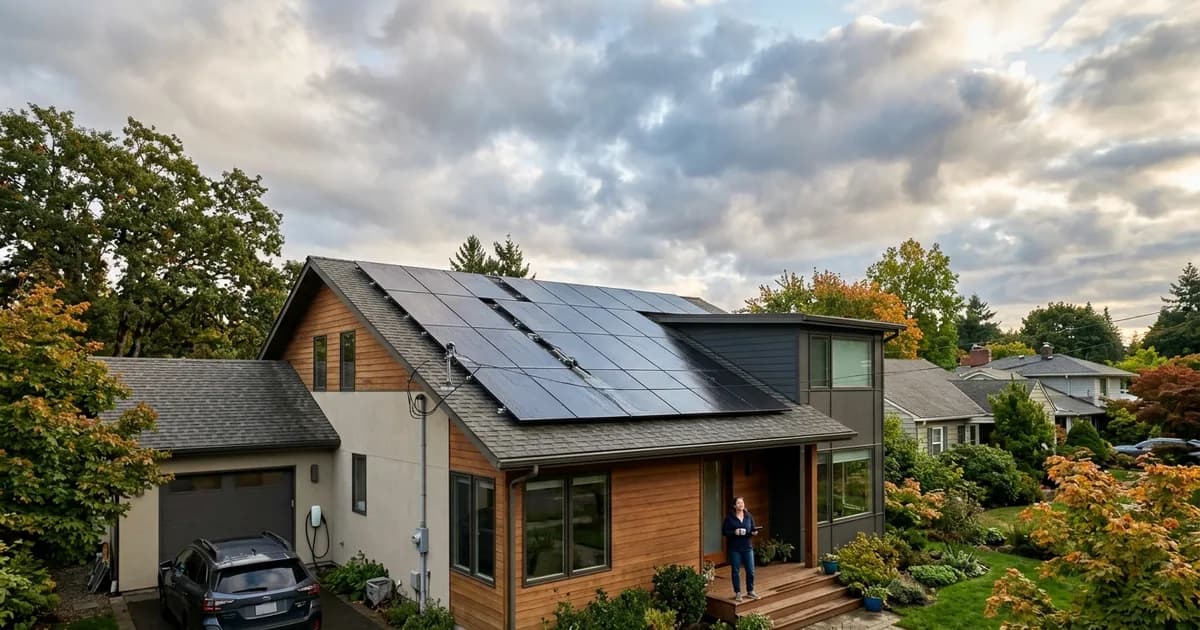 What Happens to Solar Panels on Cloudy Days? Rooftop solar panels on a modern American home — illustration for: What Happens to Solar Panels on Cloudy Days?