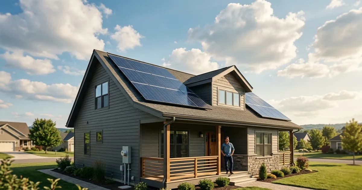 SRECs Explained: Solar Renewable Energy Credits Home with solar panels under a bright open sky — illustration for: SRECs Explained: Solar Renewable Energy Credits