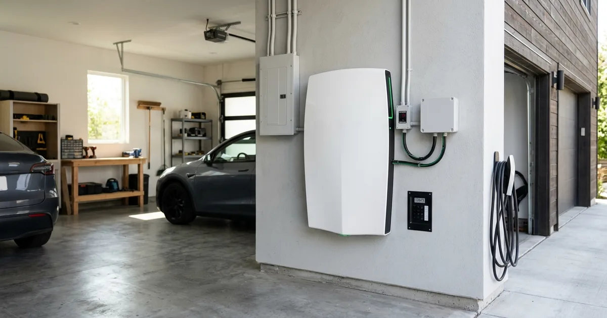 Home battery storage unit mounted on a garage wall — illustration for: Tesla Powerwall 3 Review: Specs, Cost & Is It Worth It in 2026?