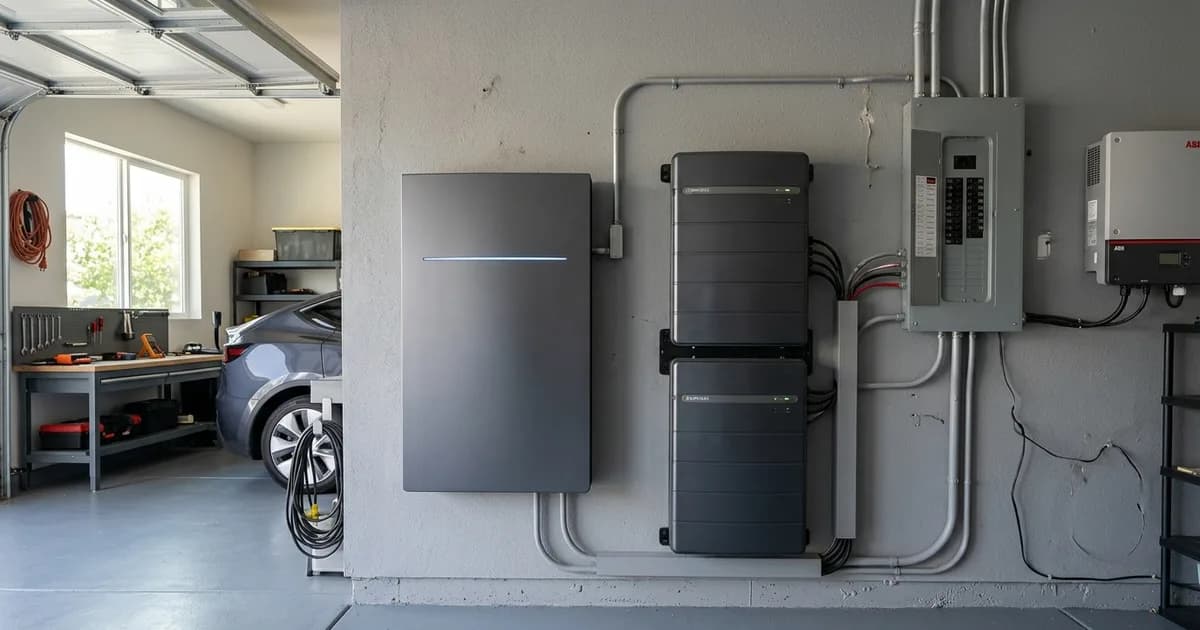 Tesla Powerwall vs Enphase Battery: Which Is Better? Home battery storage unit mounted on a garage wall — illustration for: Tesla Powerwall vs Enphase Battery: Which Is Better?