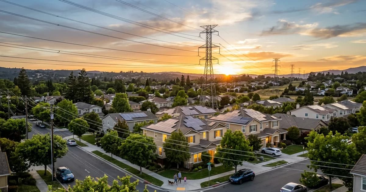 Time-of-Use Rates and Solar Savings Power lines above a residential neighborhood at golden hour — illustration for: Time-of-Use Rates and Solar Savings