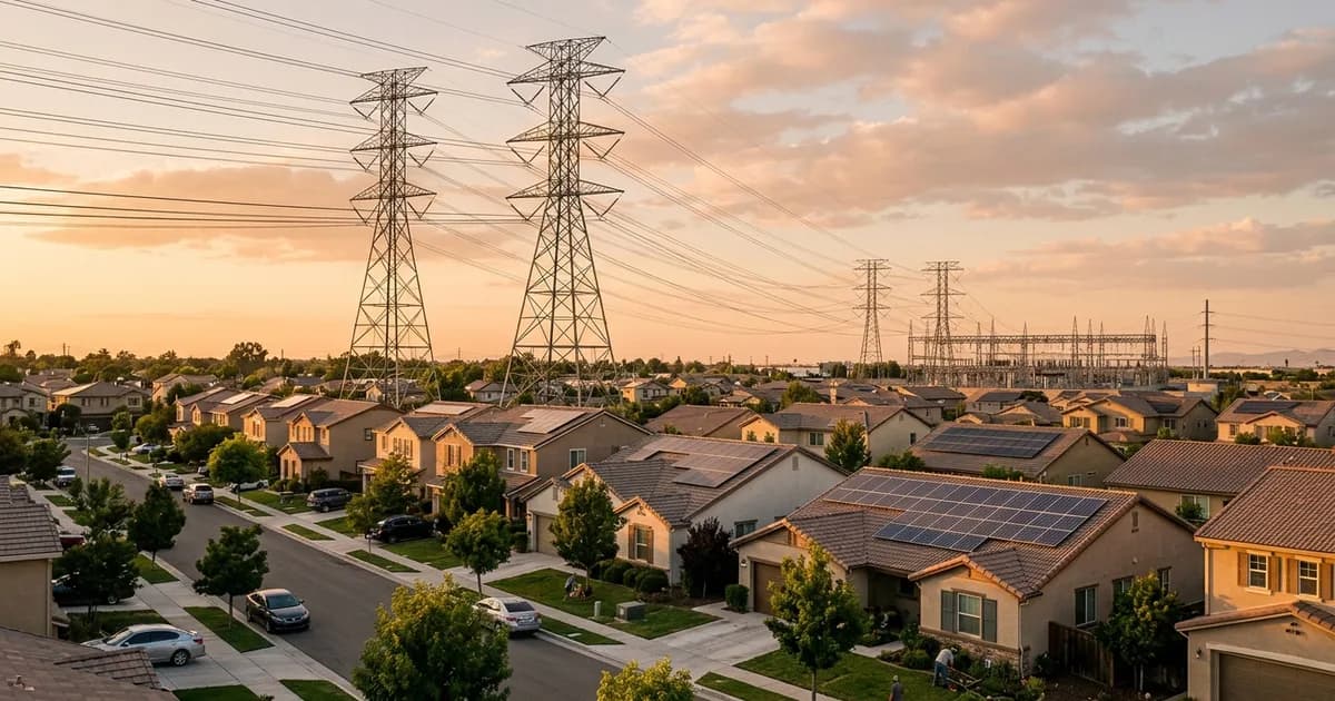 The True Cost of Electricity: Why Rates Keep Rising Power lines above a residential neighborhood at golden hour — illustration for: The True Cost of Electricity: Why Rates Keep Rising