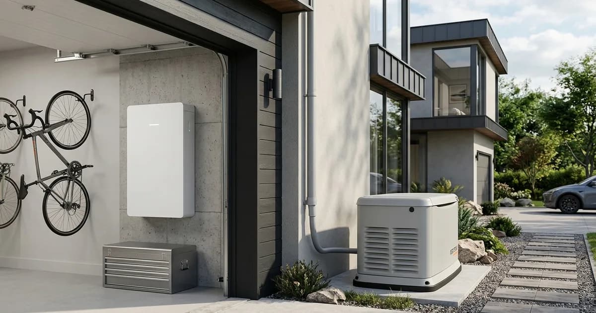 Battery Backup vs Generator: Pros and Cons Home battery storage unit mounted on a garage wall — illustration for: Battery Backup vs Generator: Pros and Cons