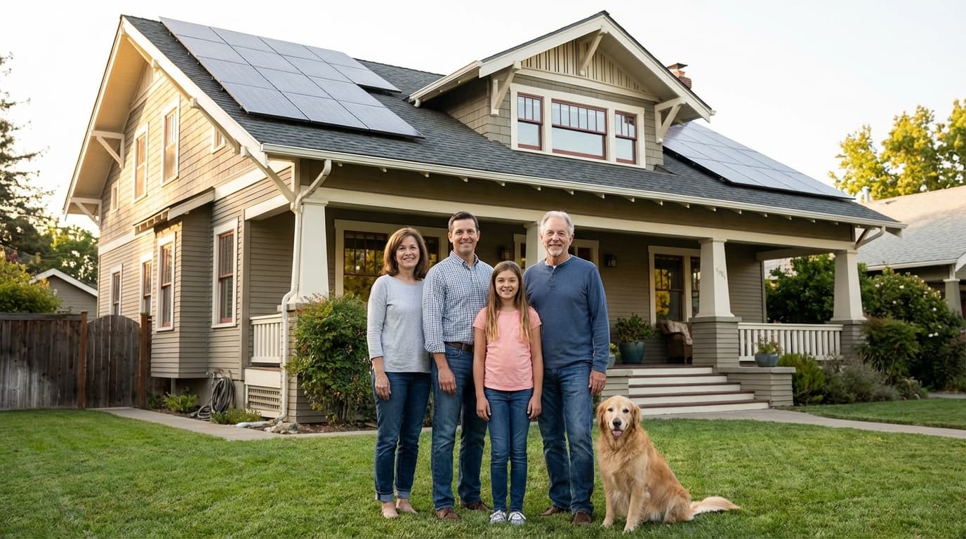 Family with solar-powered home in New Mexico Homeowners enjoying lower energy bills with solar panels in New Mexico - Solar Lease