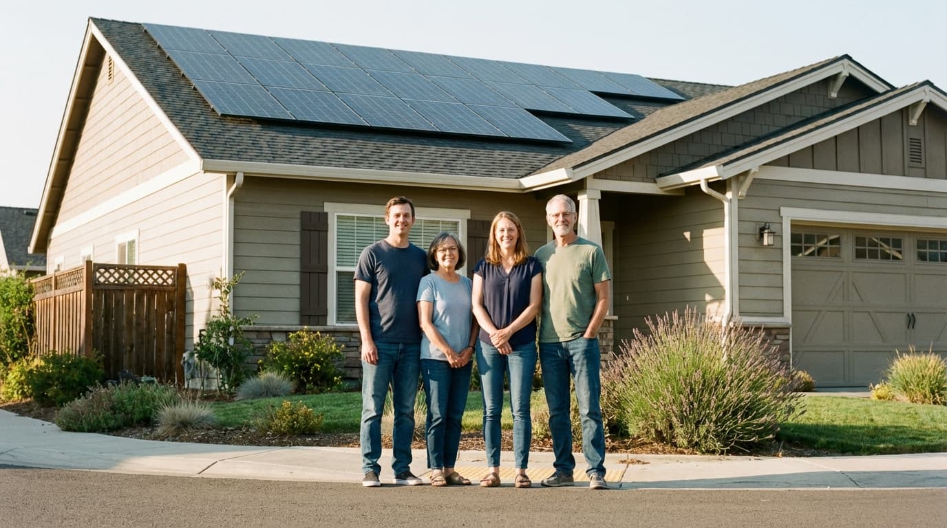 Family with solar-powered home in Nevada Family standing by house with rooftop solar panels in Nevada - Battery Storage