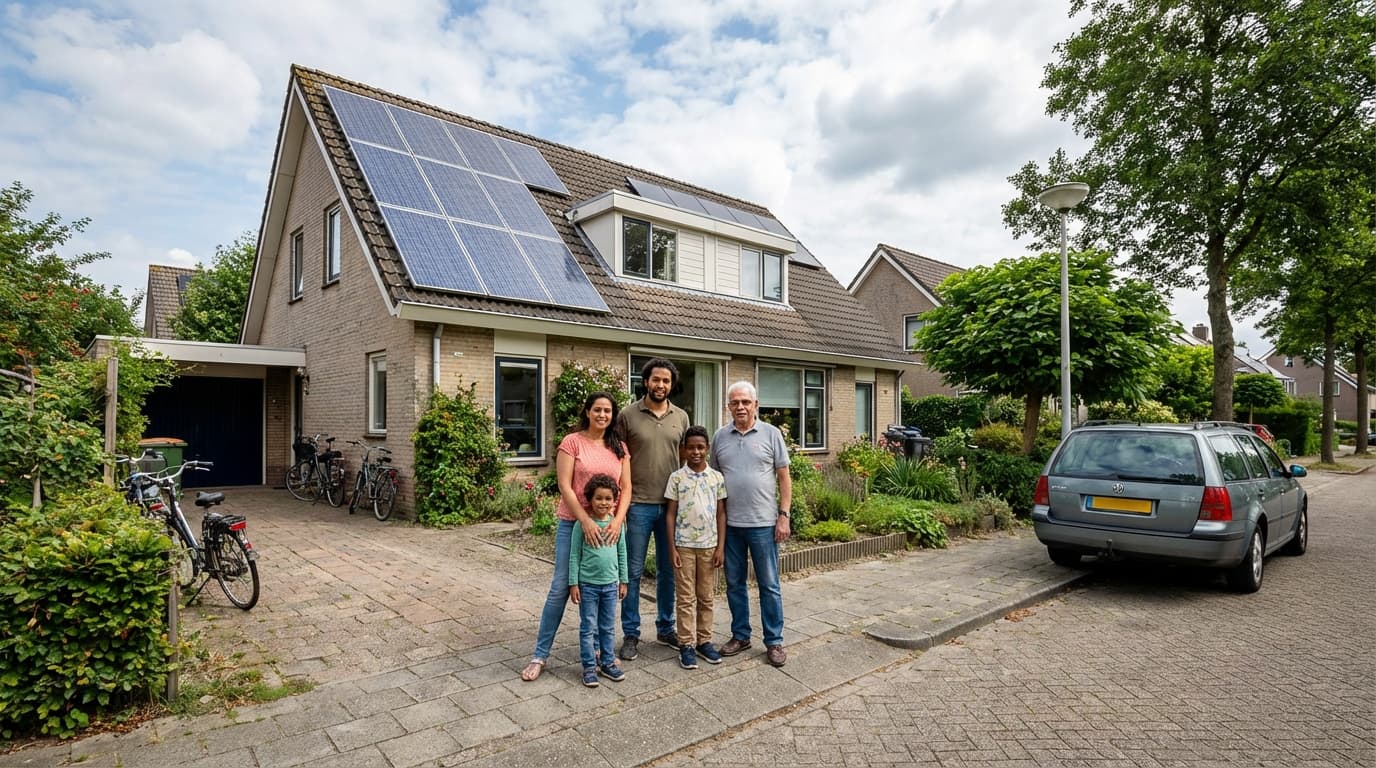 Family with solar-powered home in Delaware Family outside their solar-equipped home in Delaware - Solar Farm Lease