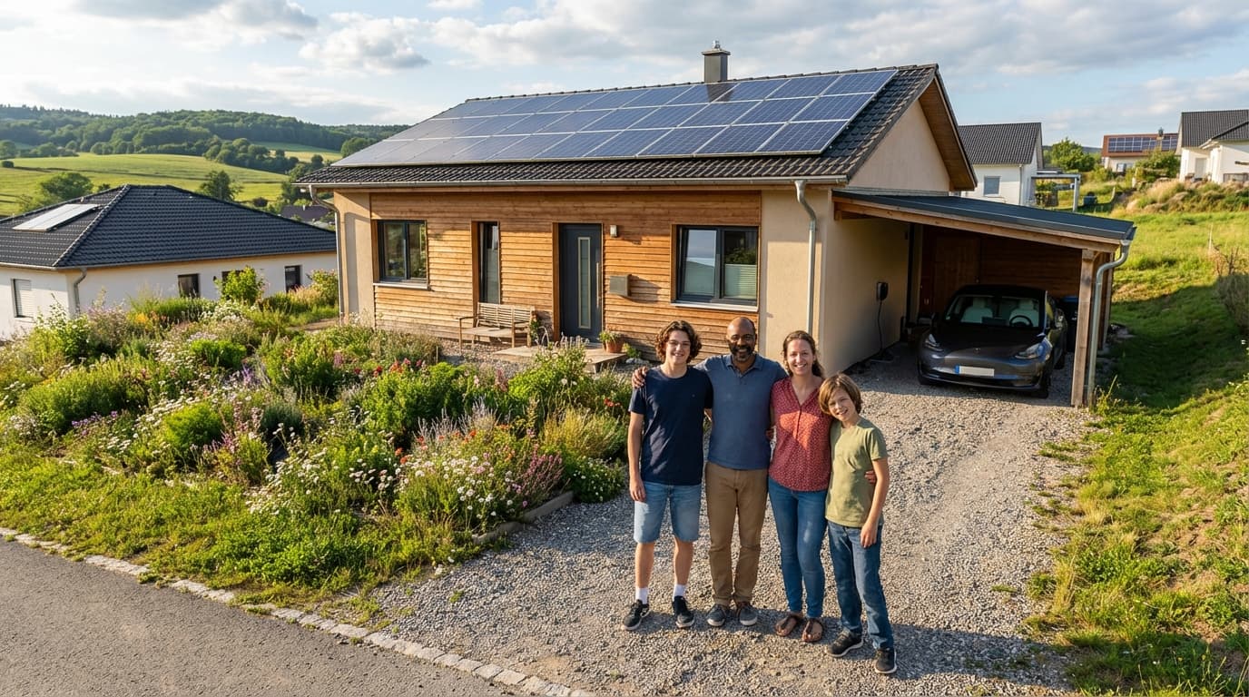 Family with solar-powered home in Wisconsin Family benefiting from home solar energy savings in Wisconsin - Solar Farm Lease