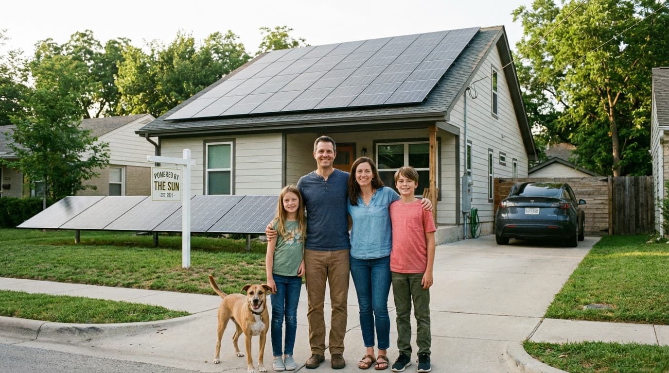Family with solar-powered home in Kansas Family at their home with rooftop solar installation in Kansas - Solar Farm Lease