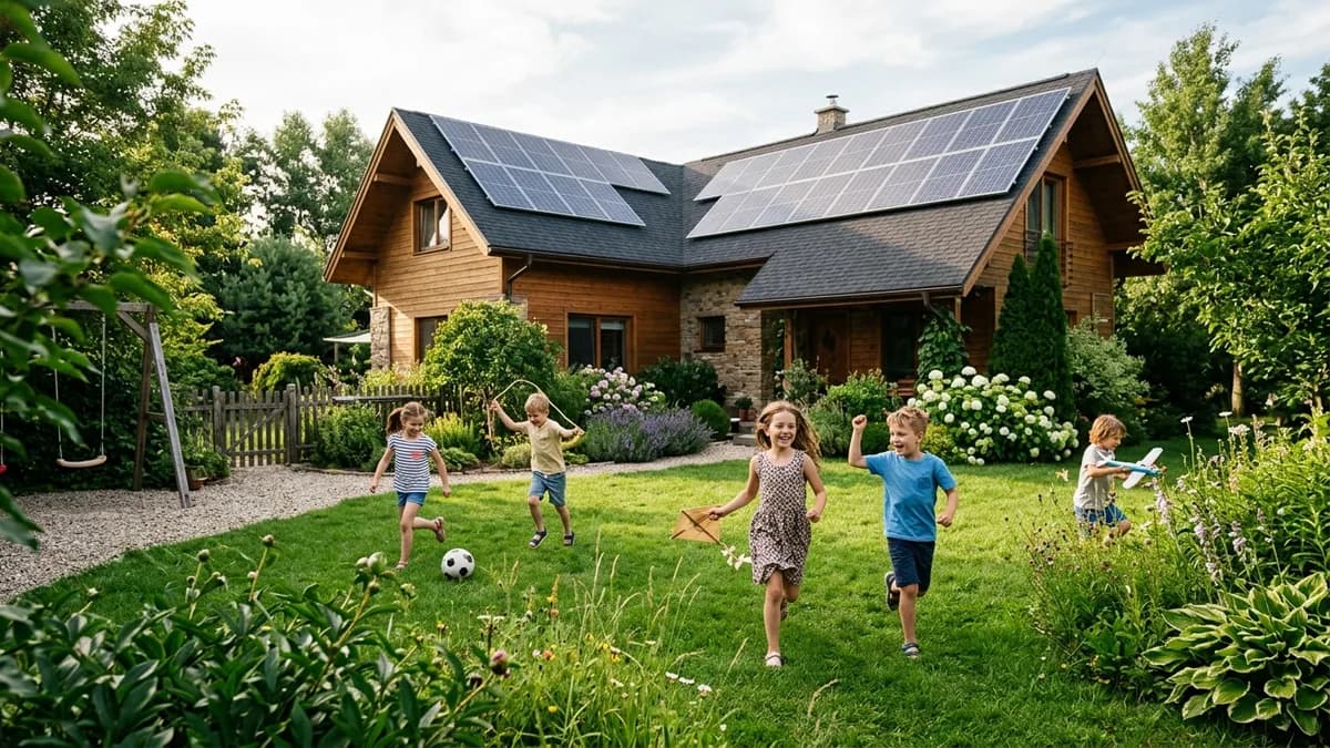 Family with solar-powered home Family at their home with rooftop solar installation - Best Solar Panel Brands