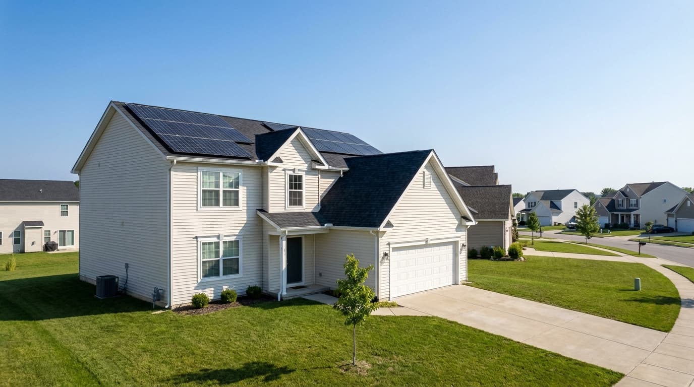 Residential home with solar panels in Rhode Island House with solar panels in residential area in Rhode Island - Solar Lease