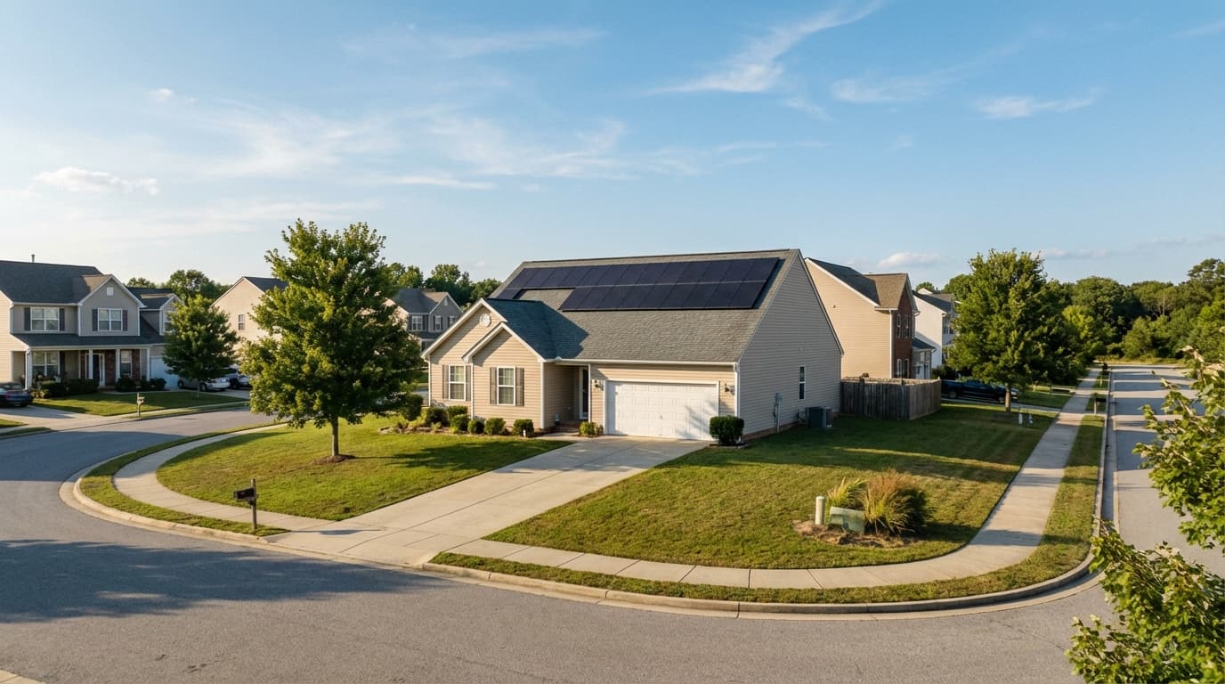 Residential home with solar panels Neighborhood homes with rooftop solar arrays - Solar Lease Cost by State
