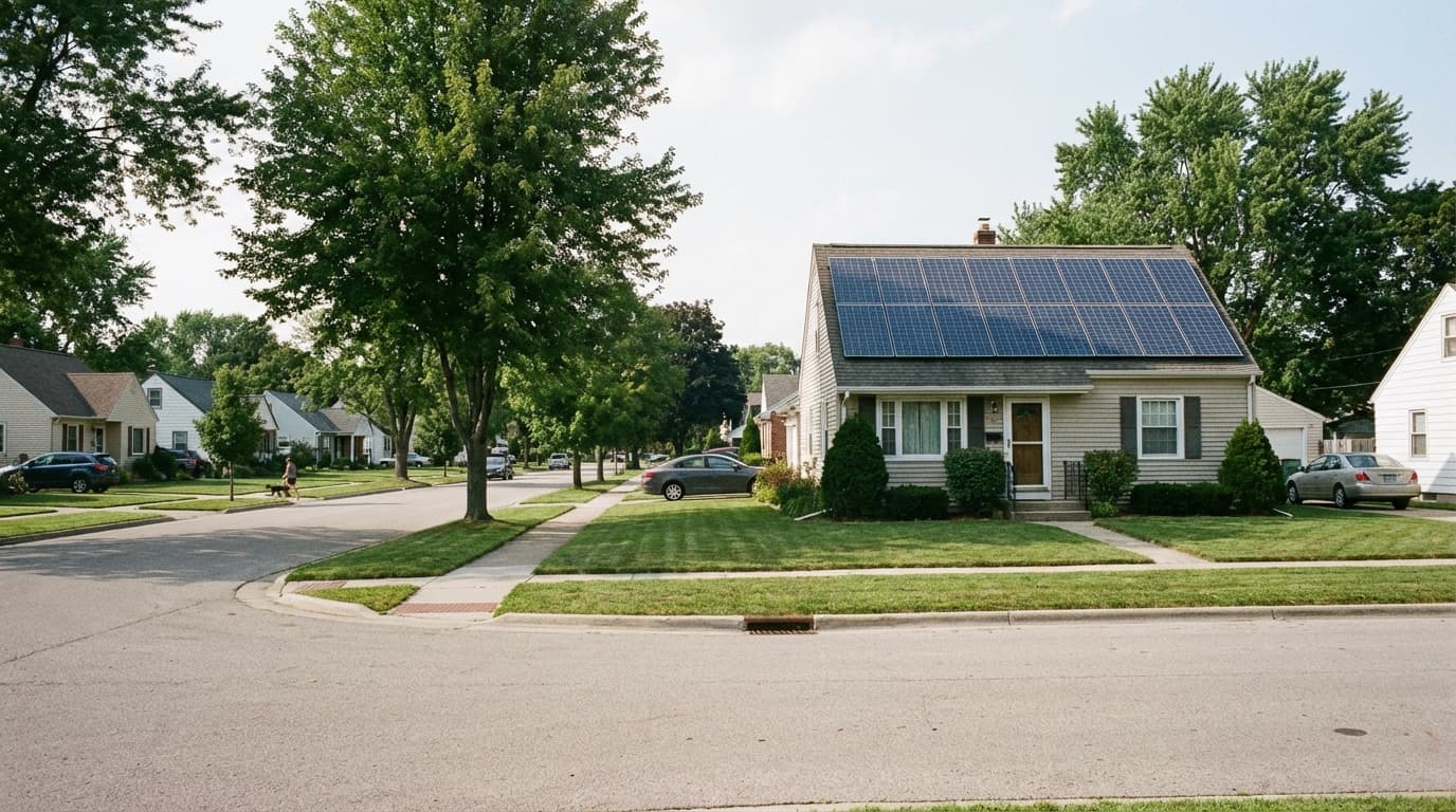 Residential home with solar panels in Iowa House with solar panels in residential area in Iowa - Best Solar Companies