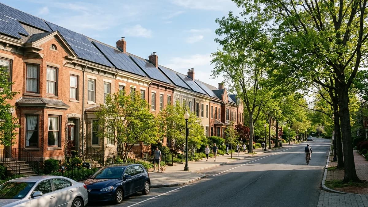 Residential home with solar panels Aerial view of residential solar installation - Heat Pumps and Solar: The Ultimate Home Energy Combo