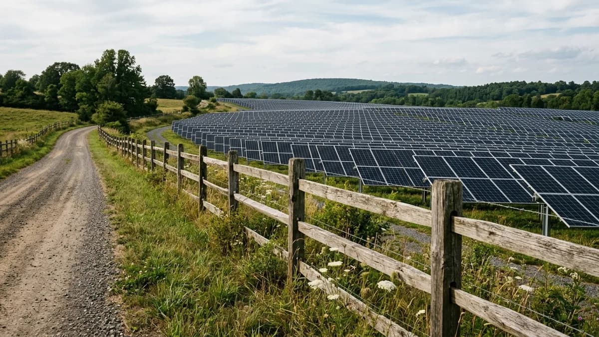 Solar farm on leased land Rows of solar panels across open farmland - Solar Farm Lease Rates by State