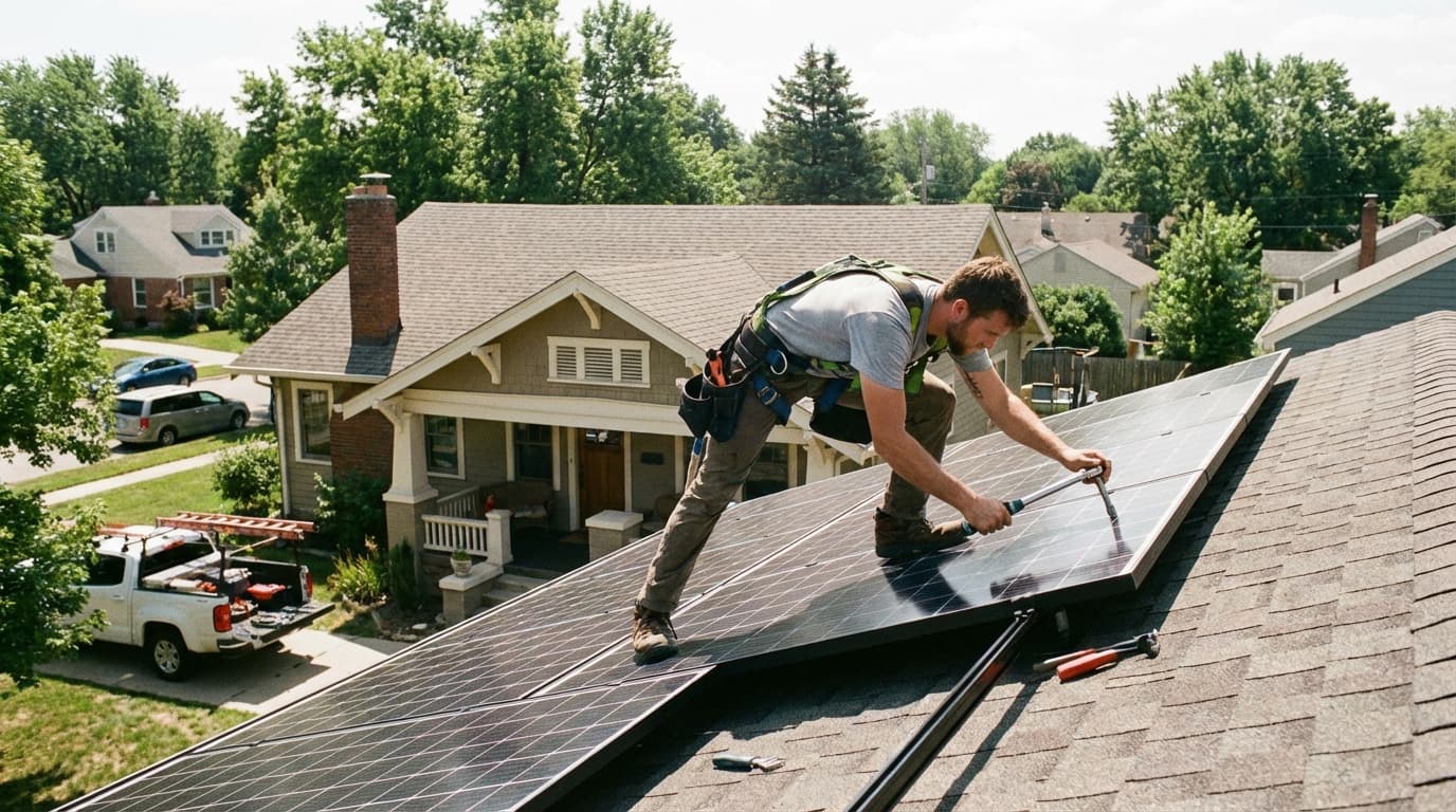 Professional solar panel installation in Wisconsin Professional solar installers mounting panels on a roof in Wisconsin - Solar Farm Lease