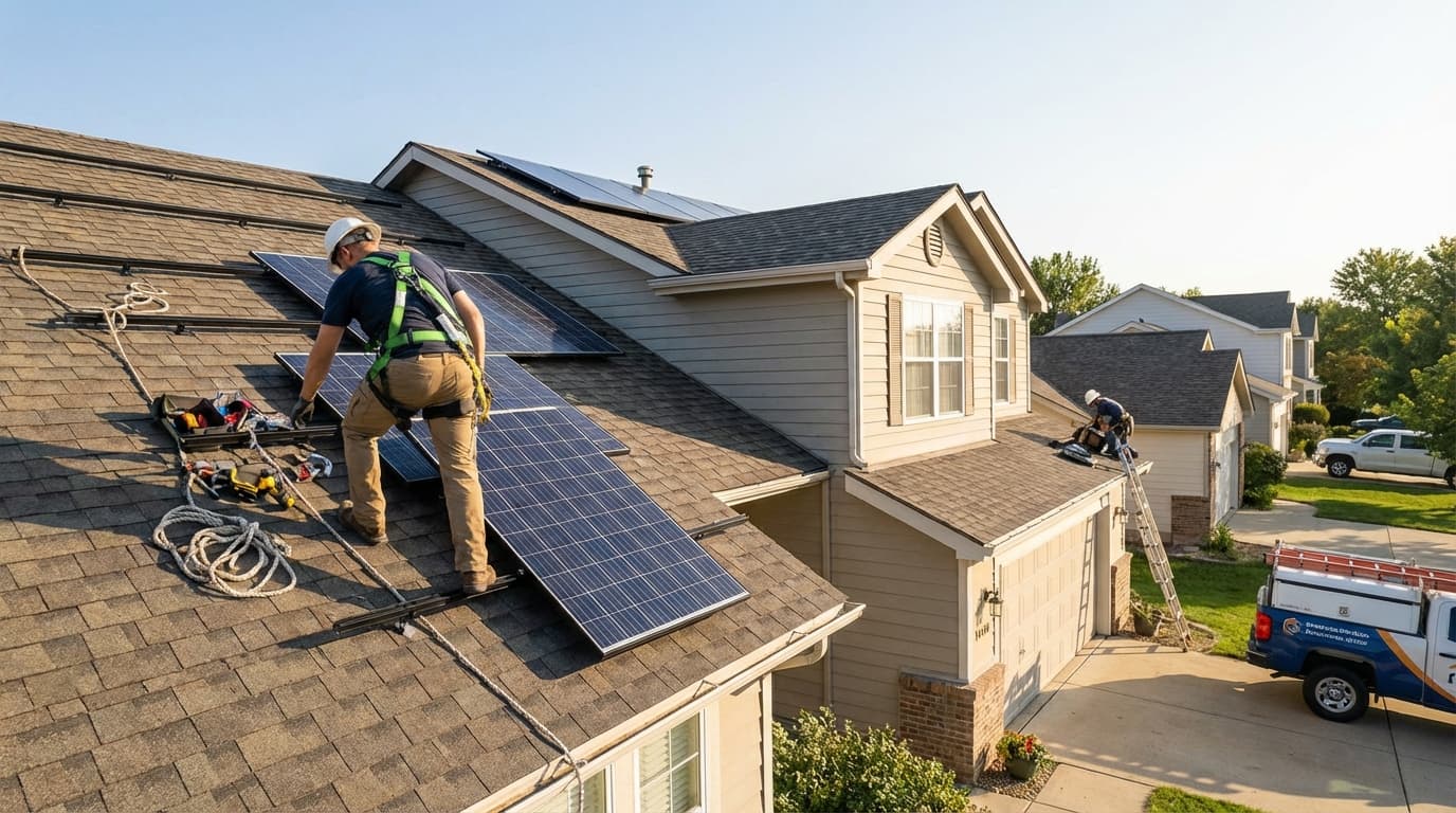 Professional solar panel installation in Woodbury, Minnesota Workers carefully placing solar panels on a rooftop in Woodbury, Minnesota - Solar Incentives
