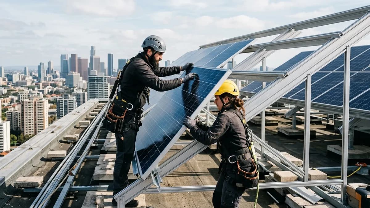 Professional solar panel installation Professional solar installers mounting panels on a roof - Solar for Renters: Community Solar Options