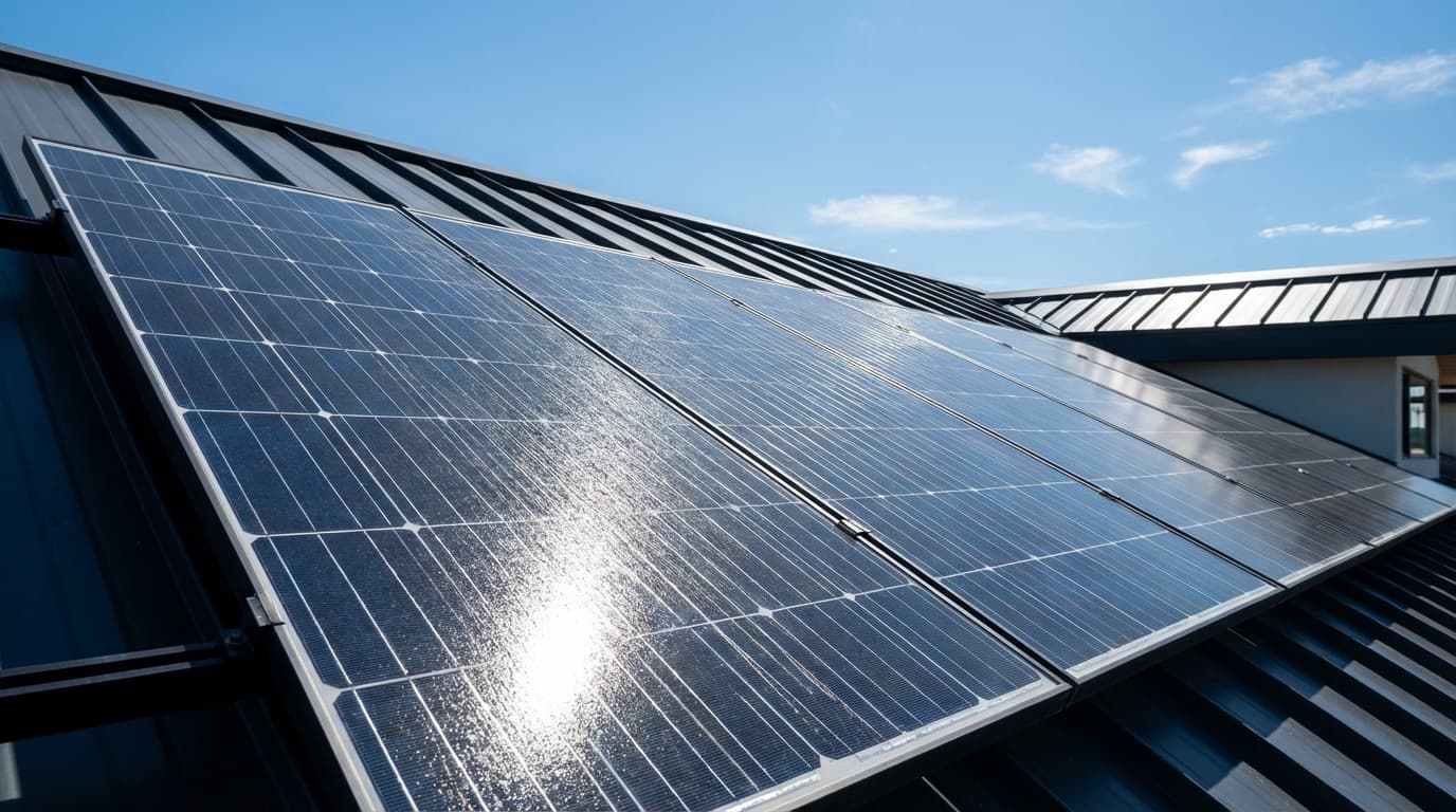 Solar panels under blue sky in Missouri Row of solar panels producing renewable energy in Missouri - Battery Storage