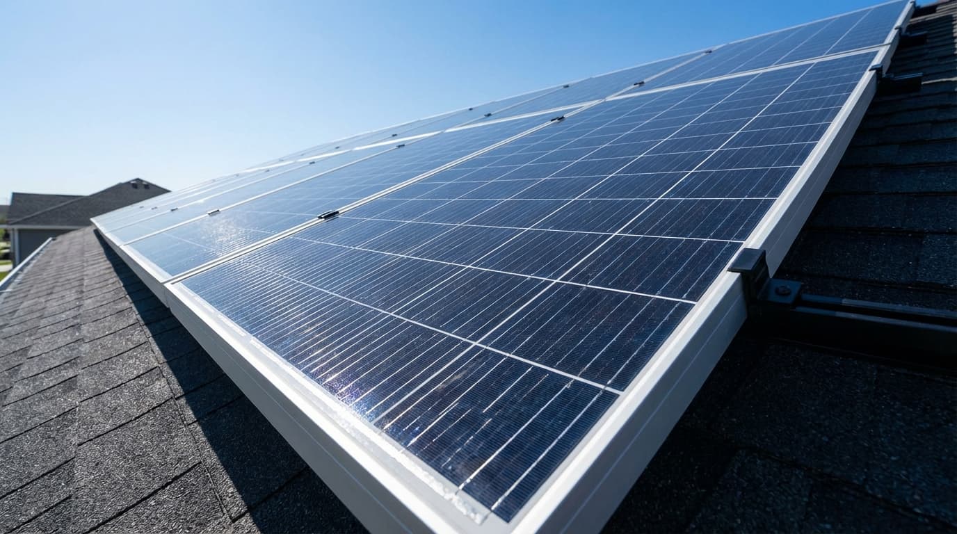 Solar panels under blue sky in Pennsylvania Detailed view of solar panel cells in Pennsylvania - Battery Storage