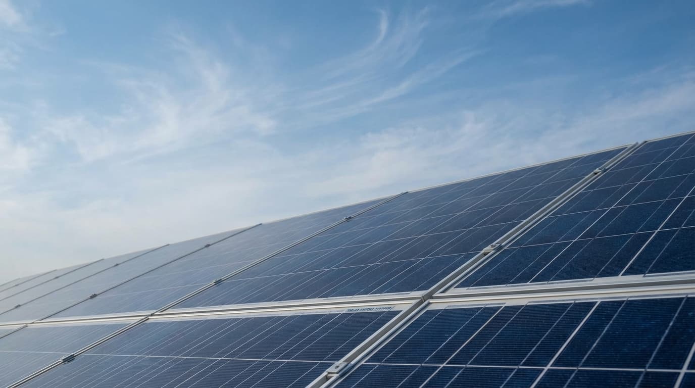 Solar panels under blue sky in Wisconsin Rooftop solar panels reflecting sunlight in Wisconsin - Solar Lease