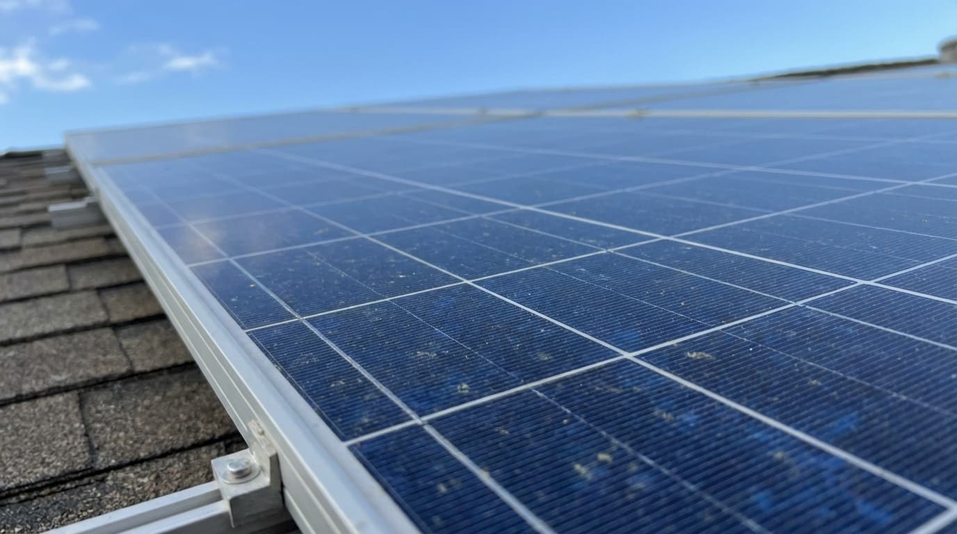 Solar panels under blue sky in Wyoming Close-up of photovoltaic solar panels against clear sky in Wyoming - Battery Storage