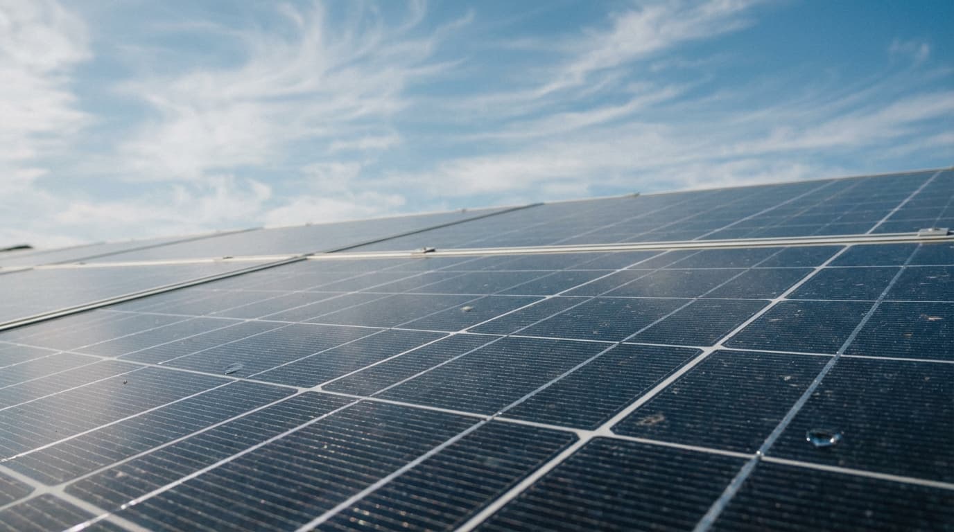 Solar panels under blue sky in Michigan Rooftop solar panels reflecting sunlight in Michigan - Solar Lease