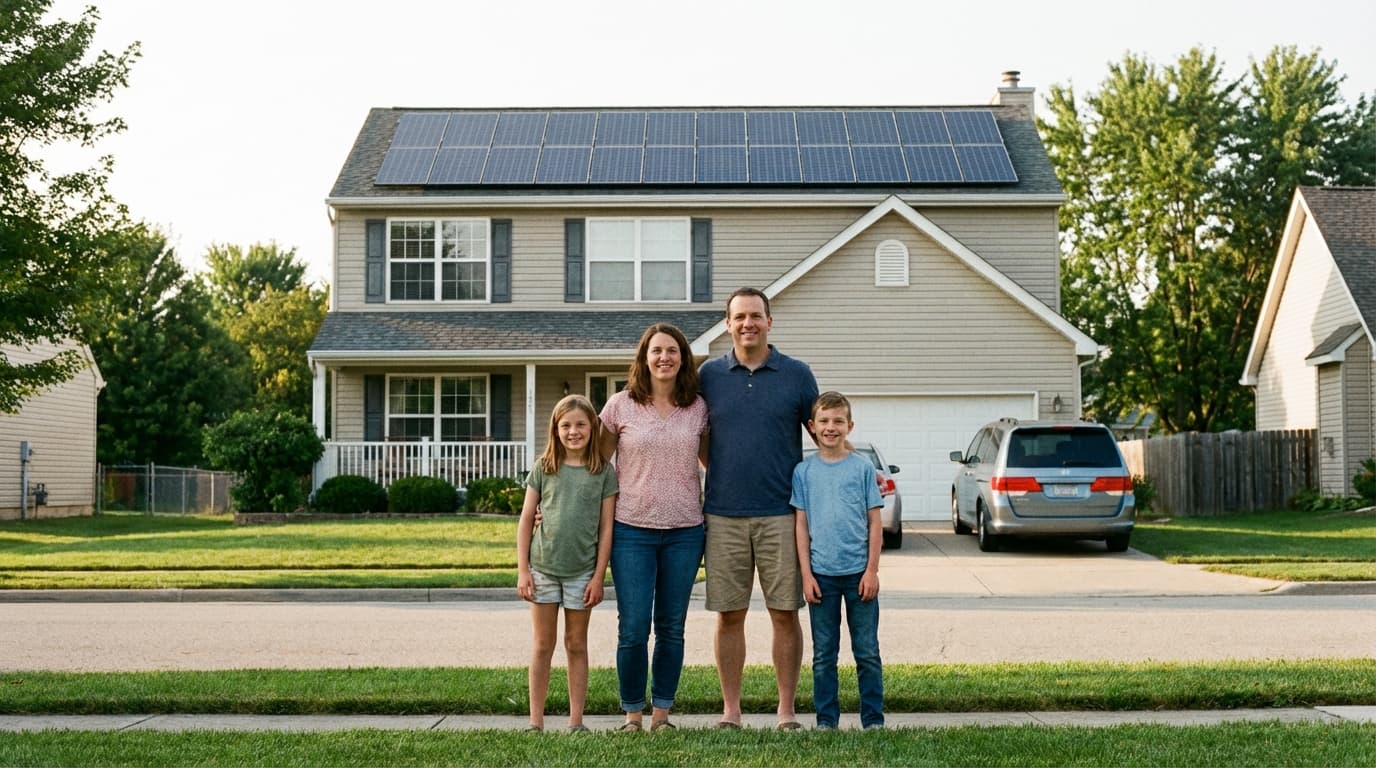 Happy family enjoying solar energy savings at home