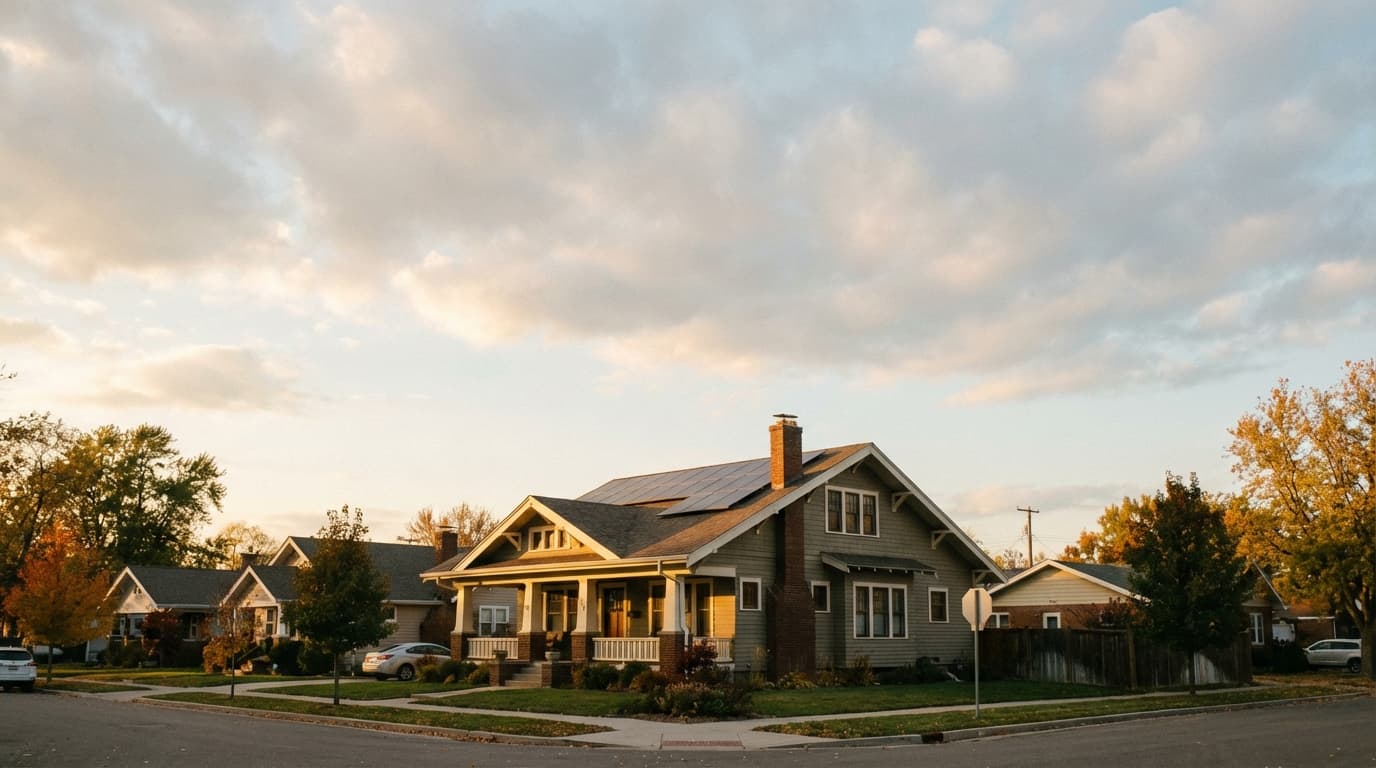 Residential solar panels at sunset