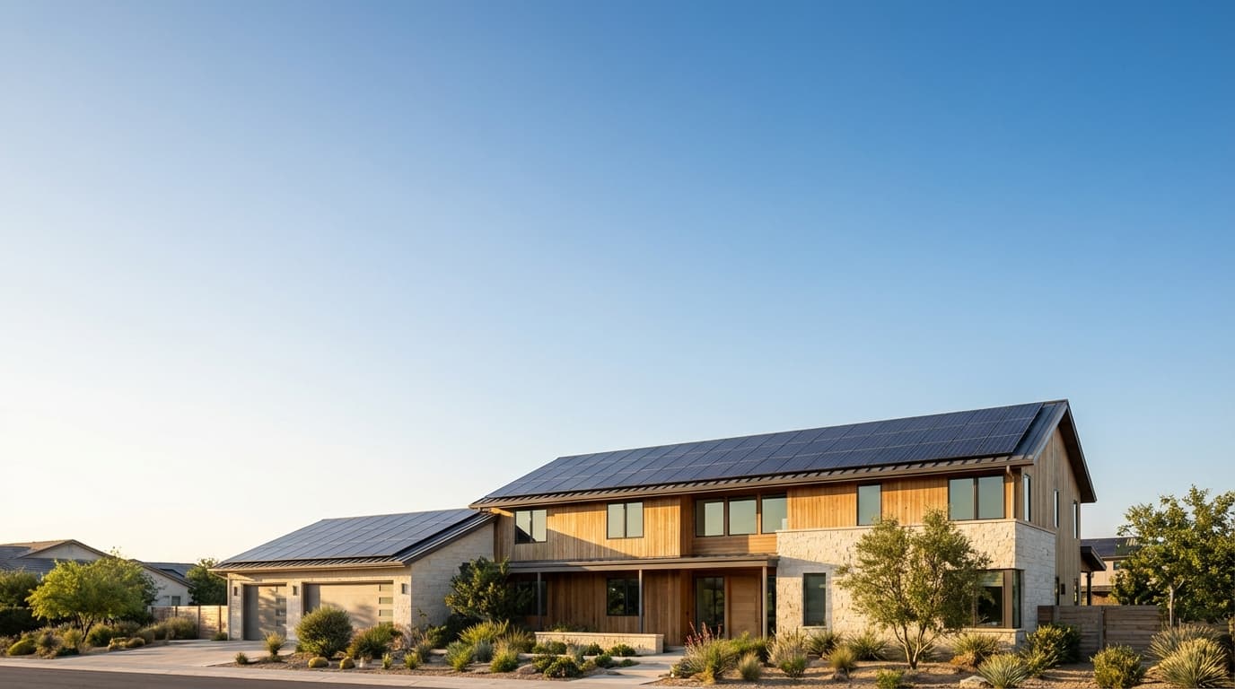 Modern home with solar panels professionally installed on the roof