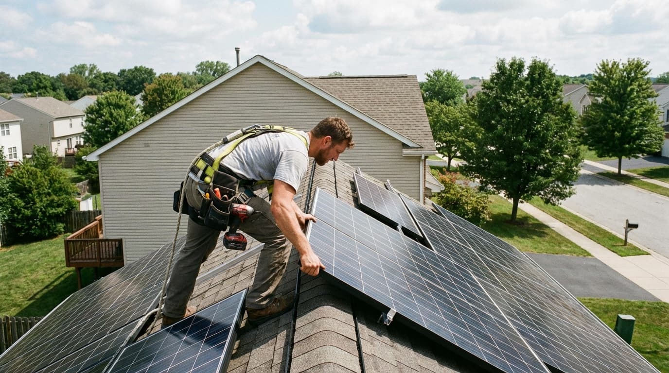 Solar installer working on rooftop