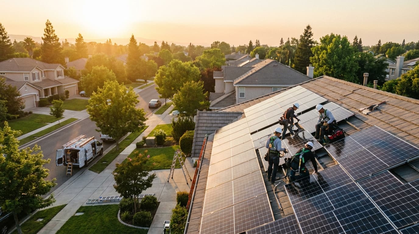 Best Solar Companies in Oregon Solar panel installers working on a rooftop in Oregon - Best Solar Companies
