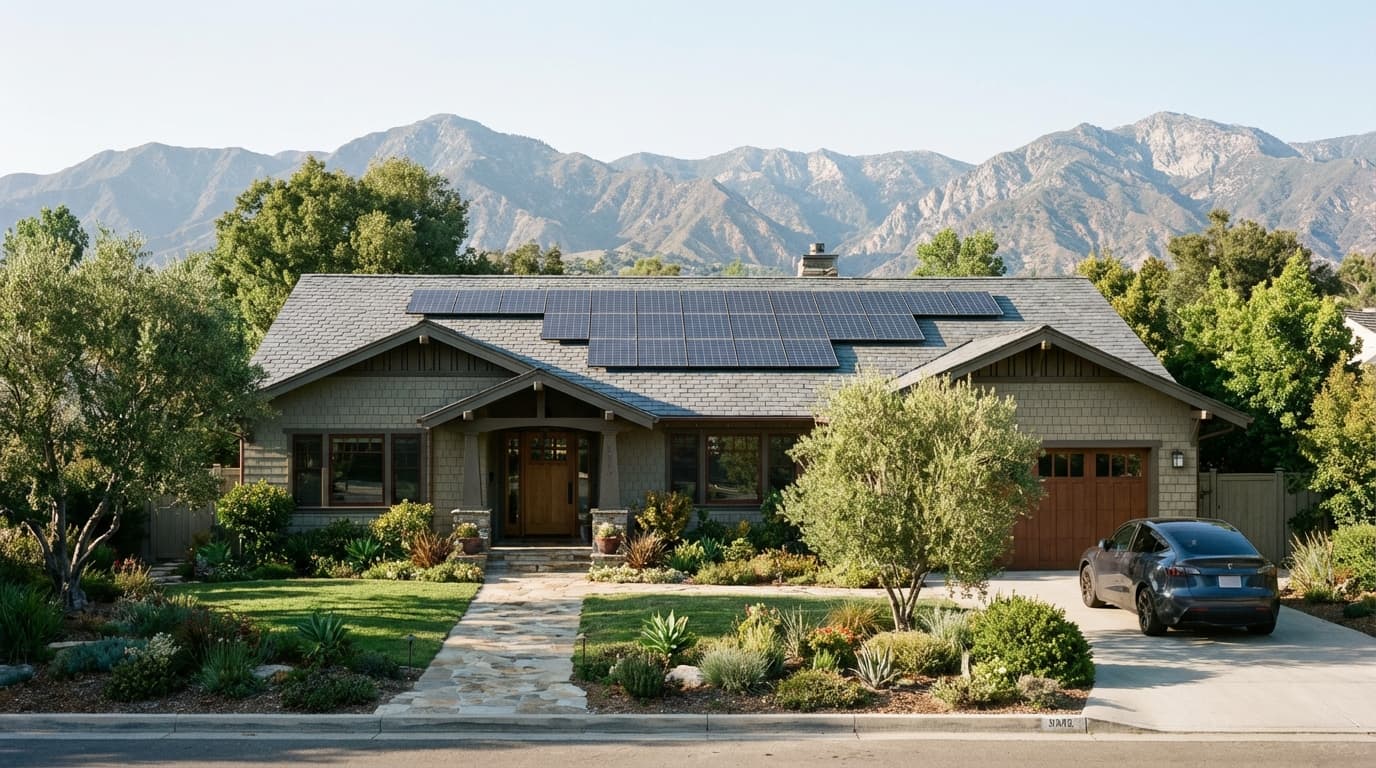 Suburban home with solar panels on the roof